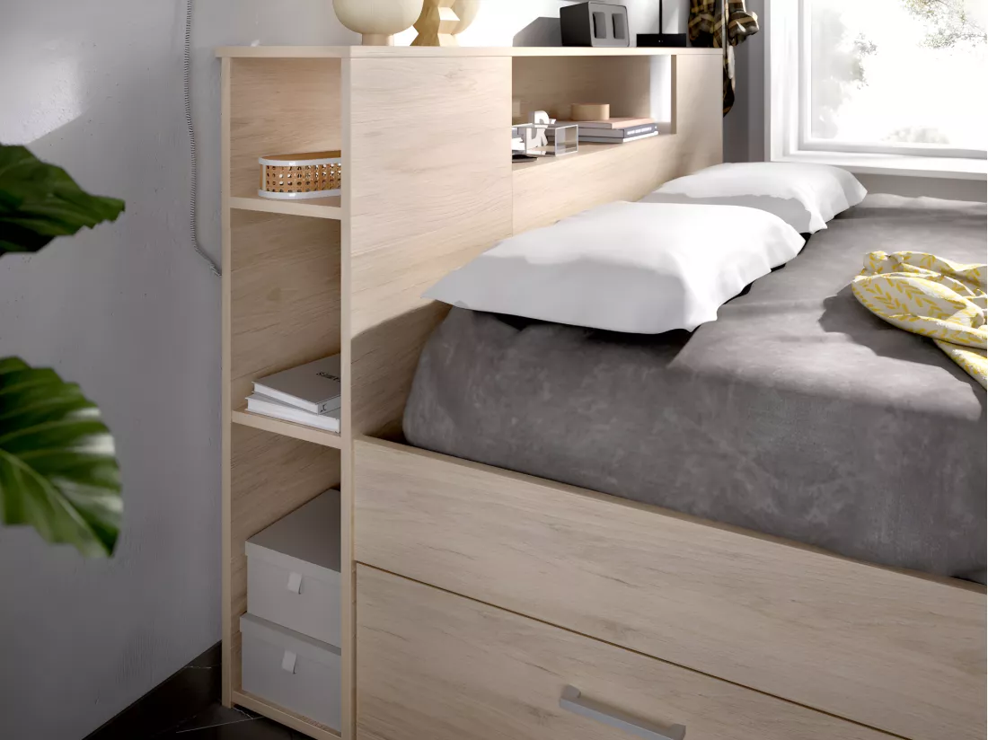 Lit avec tête de lit rangements et tiroirs - 140 x 190 cm - Coloris : Naturel + Sommier - LEANDRE