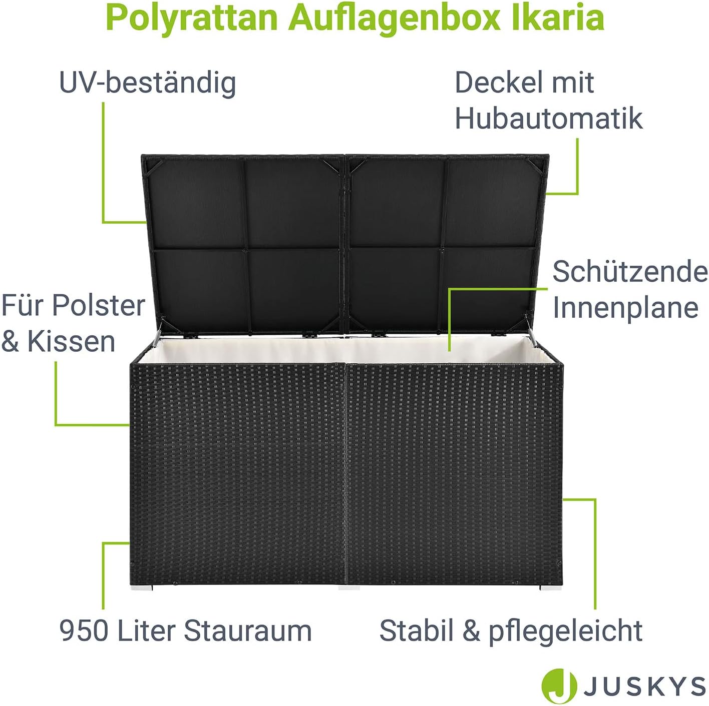 Juskys Polyrattan Auflagenbox Ikaria 950 L inkl. Deckel mit Hubautomatik & Innenplane - Kissenbox 145 x 82 x 79 cm für Garten - Gartenbox schwarz