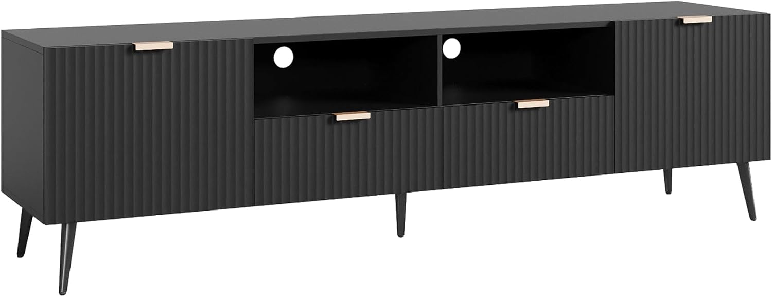 [en.casa] TV Schrank Nand Lowboard mit 2 Türen geriffelt Fernsehschrank mit 2 Schubladen 180 x 40 x 51 cm Sideboard Kommode Fernsehtisch Schwarz