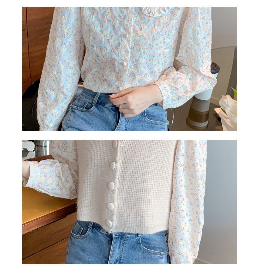 Isaaca - Blouse met lange mouwen en bloemenprint / V-hals, effen enkelrijs trui-vest