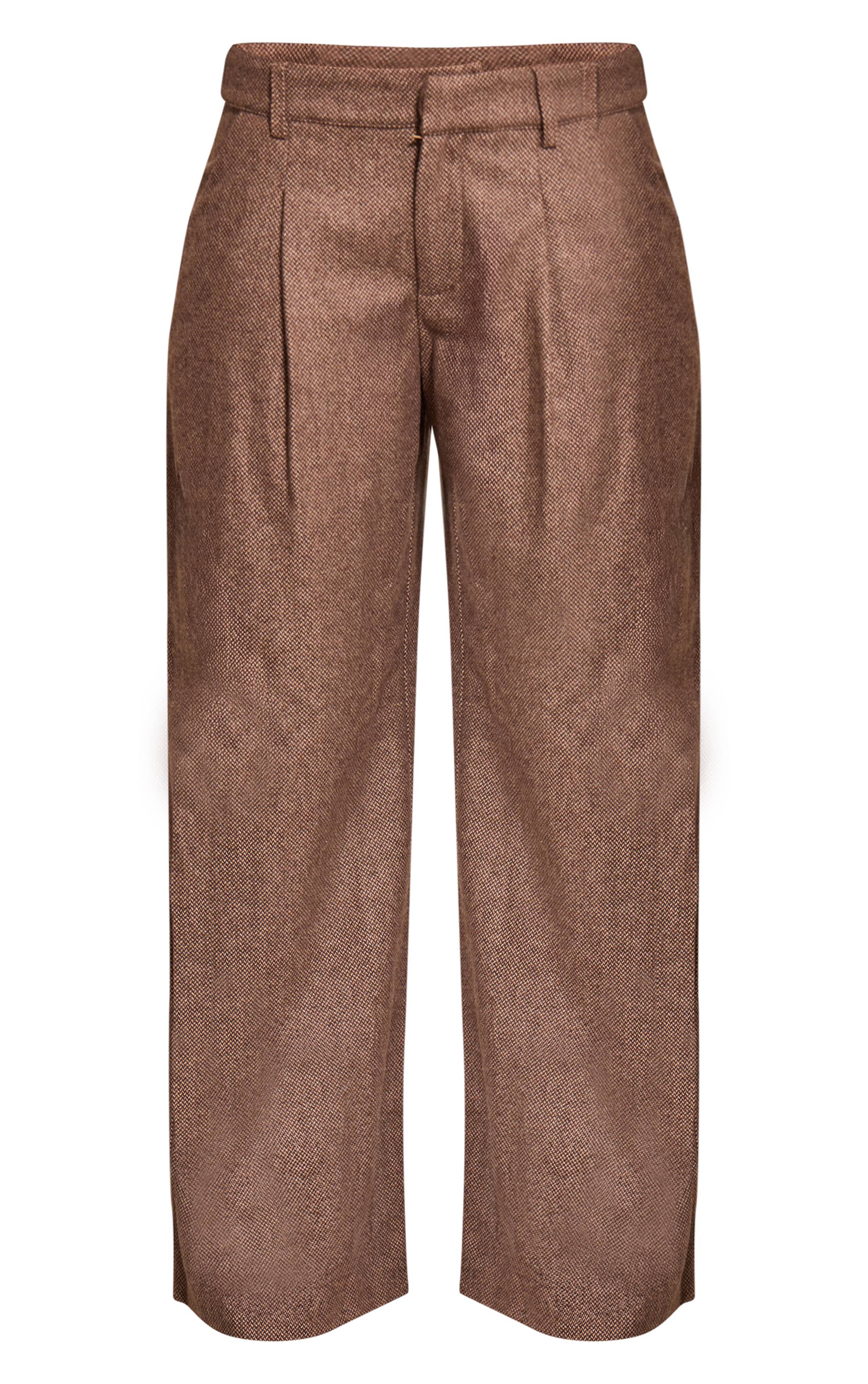 Marron Pantalon Tailleur Brossé À Motif Pied-de-poule