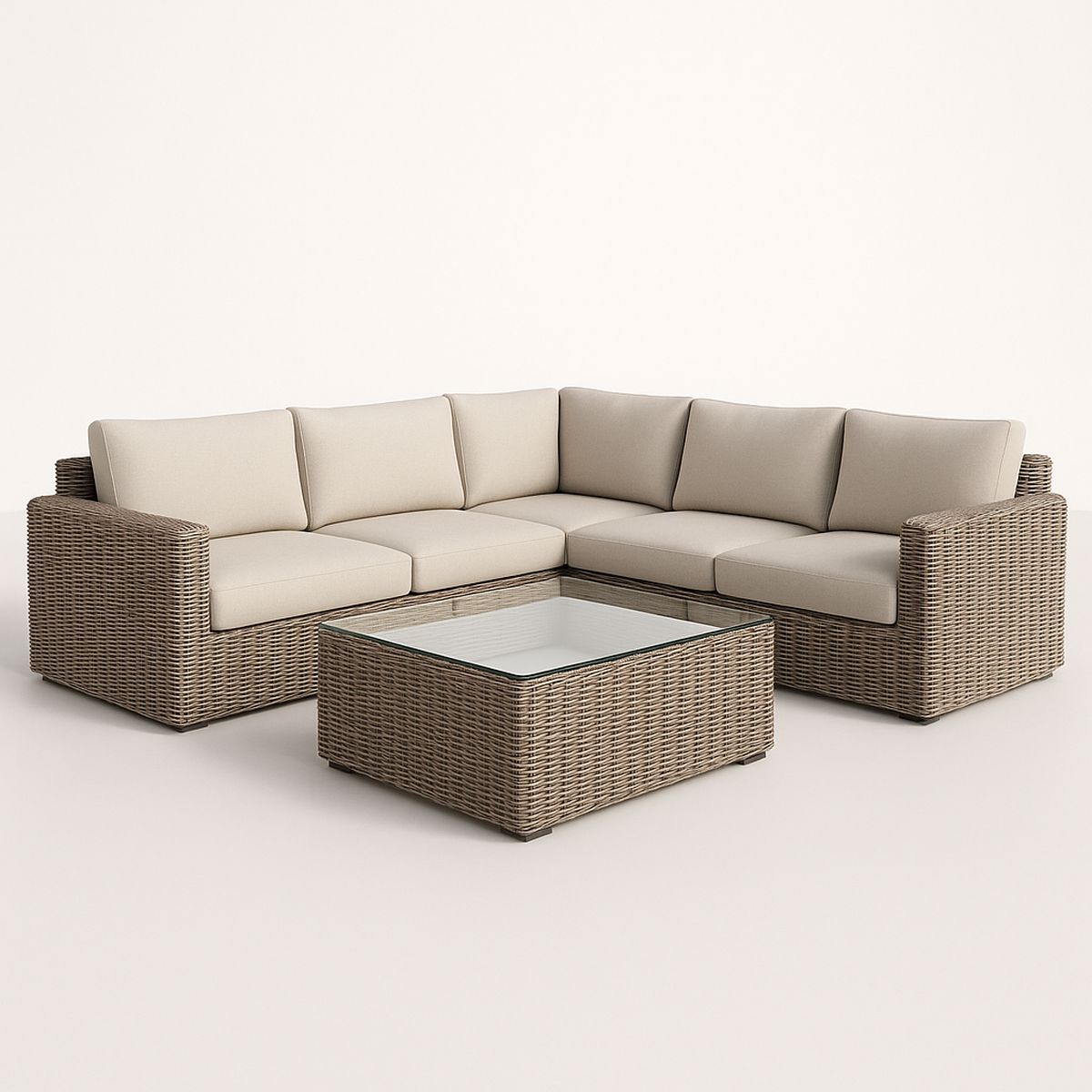 Rattan Gartensofa Set L-Form mit Tisch in Beige