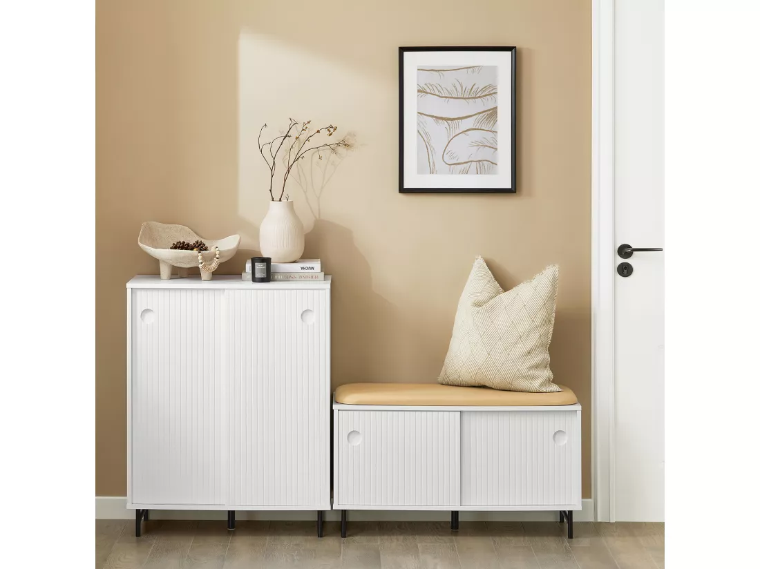 Banc à Chaussures, Banc de Rangement, Meuble Bas Entrée sur Pieds avec Coussin Rembourré, FSR116-W