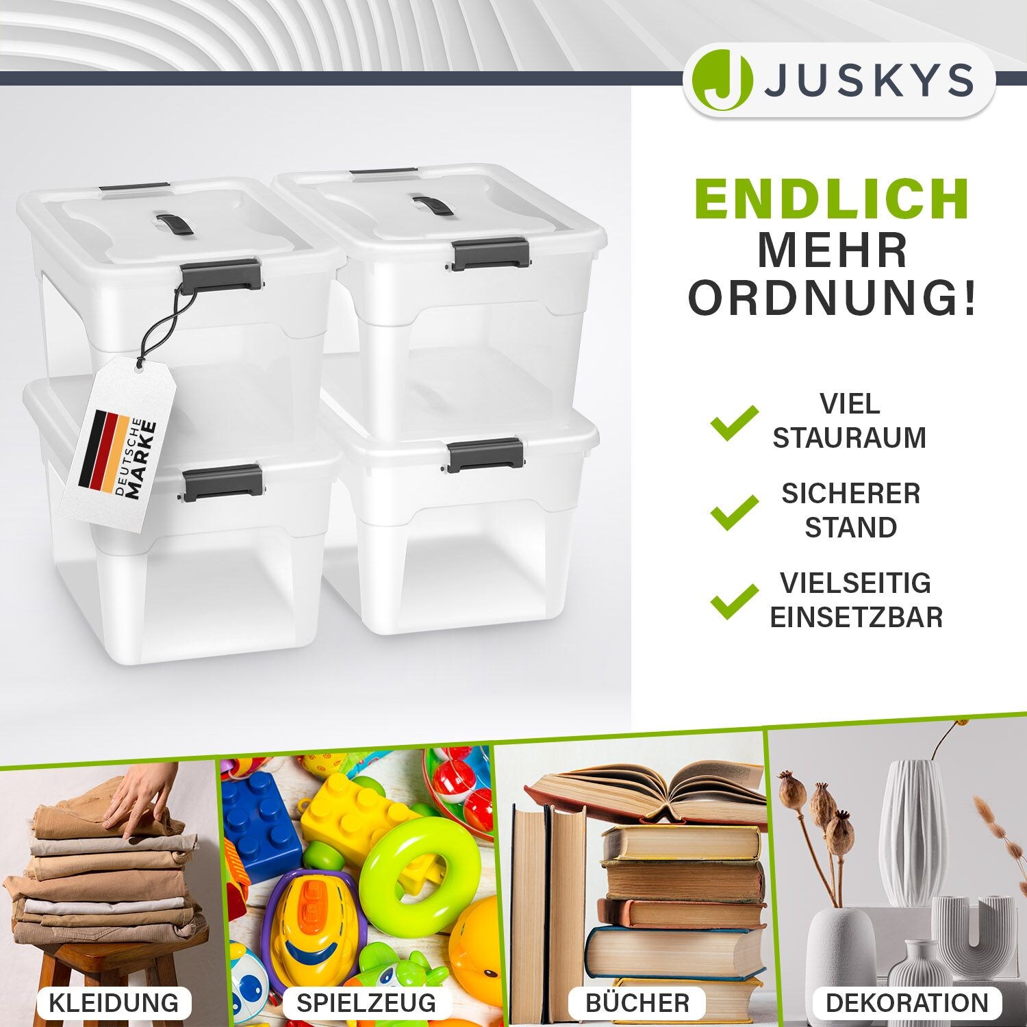 Juskys Aufbewahrungsbox mit Deckel - 4er Set Kunststoff Boxen 30l - Box stapelbar, transparent