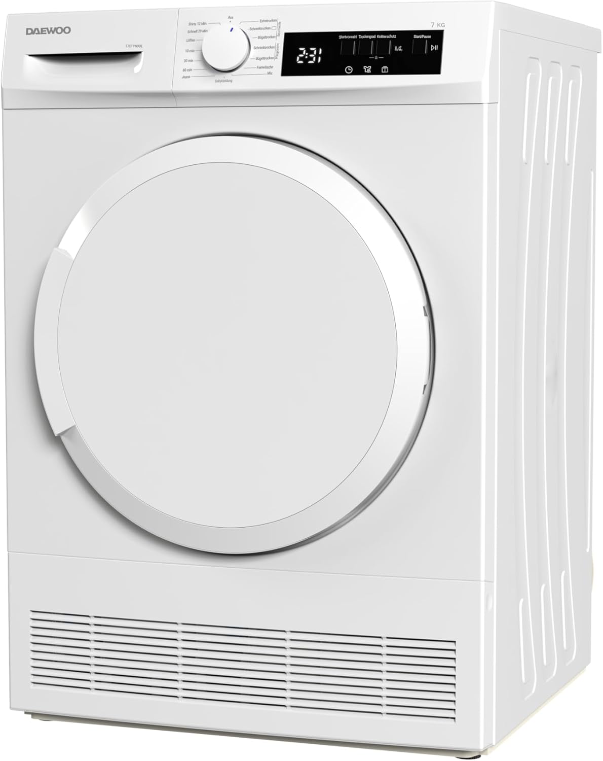 Daewoo T7CT1W0DE Kondenstrockner Frontlader, G, 7 kg, 15 Programme mit 29 Min.-Kurzprogramm, Startzeitvorwahl, LED-Trommelbeleuchtung, Weiß