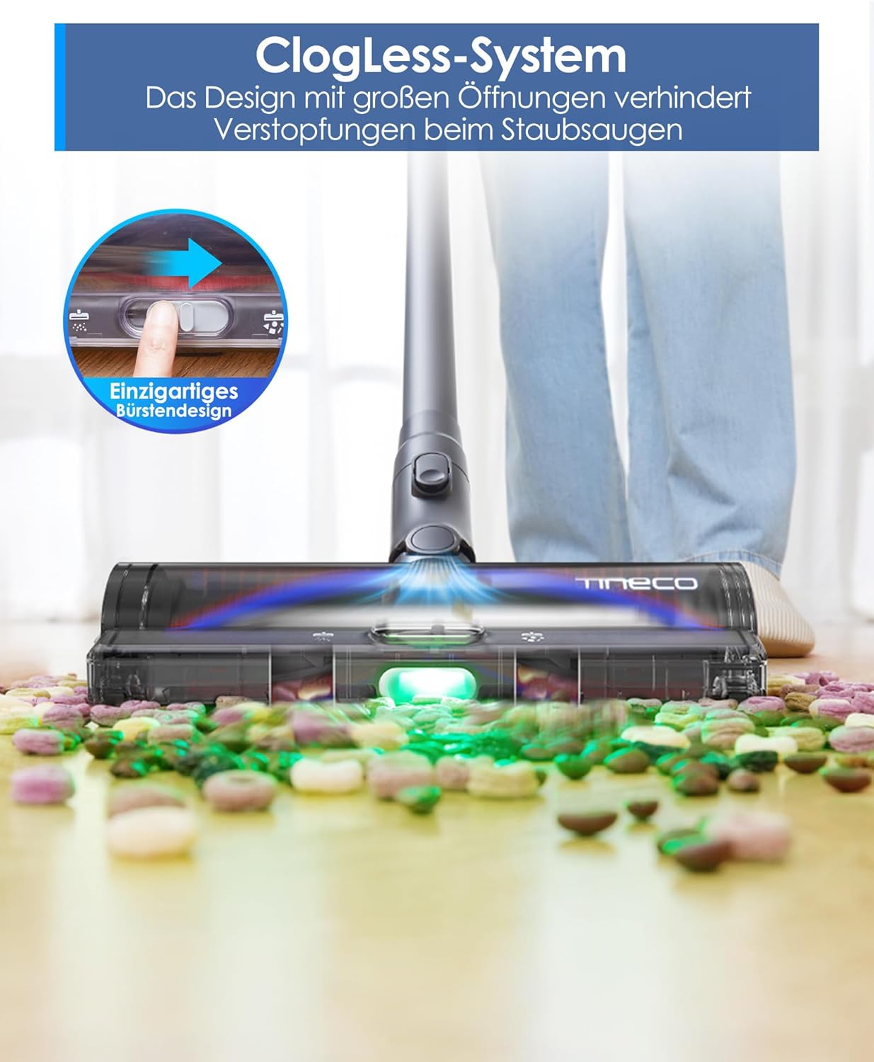 Tineco Pure ONE S50 Kabelloser Akku Staubsauger, 150AW Saugleistung, bis zu 95 Min. Laufzeit, ZeroTangle-Bürste, 120° LED-Licht, Entfernt Mühelos Großschmutz & Tierhaare
