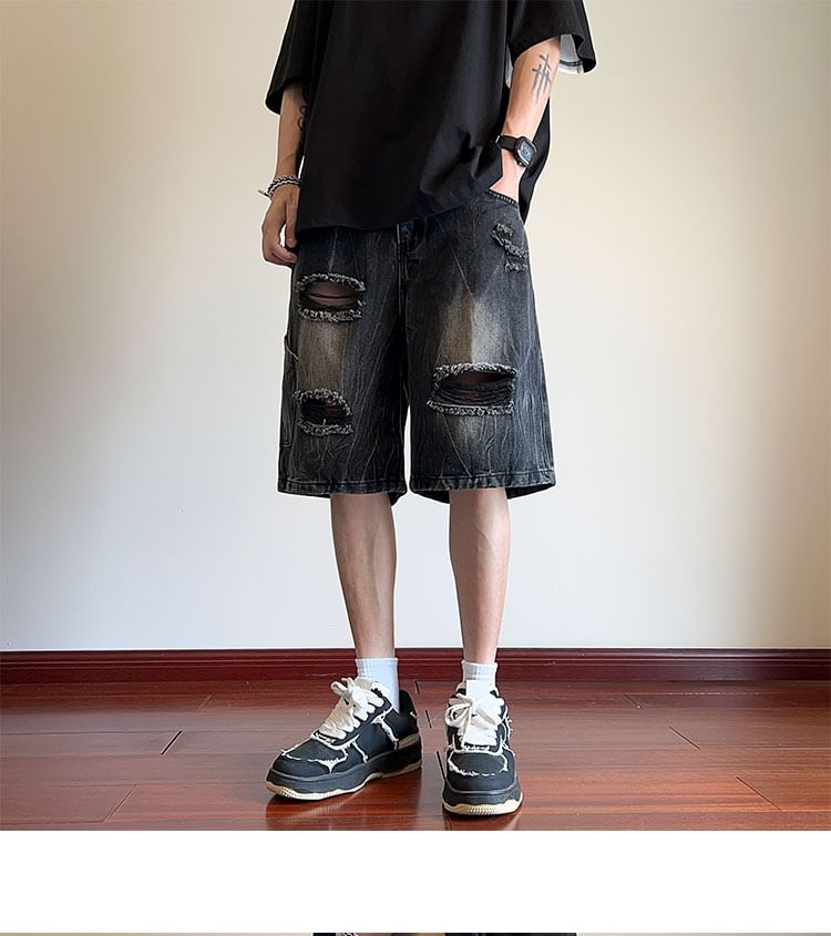 Breeson - Low Rise Washed Distressed Wide Leg Denim Shorts