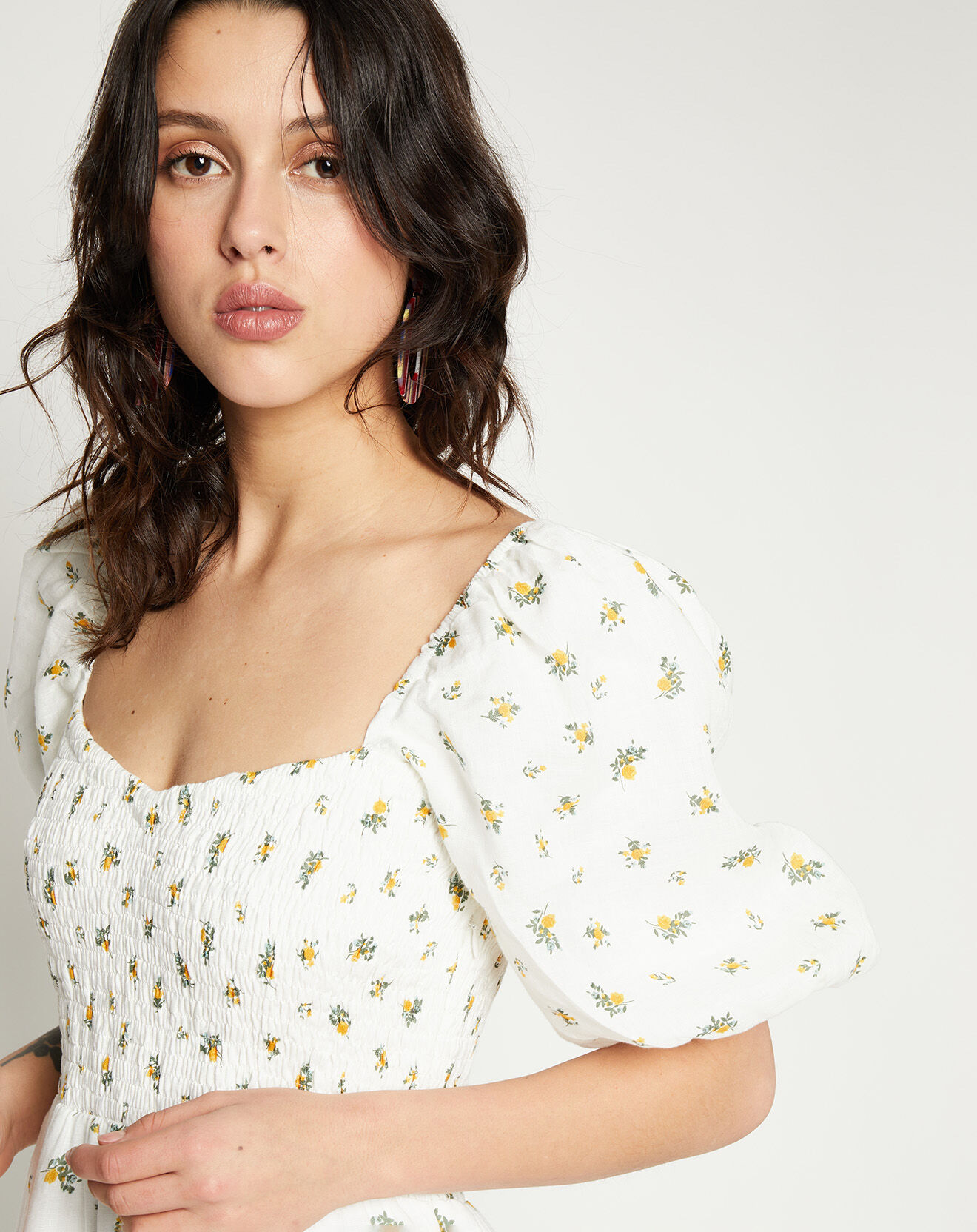 Faithfull the Brand Robe midi 100% Lin Gianna imprimée fleurs écrue
