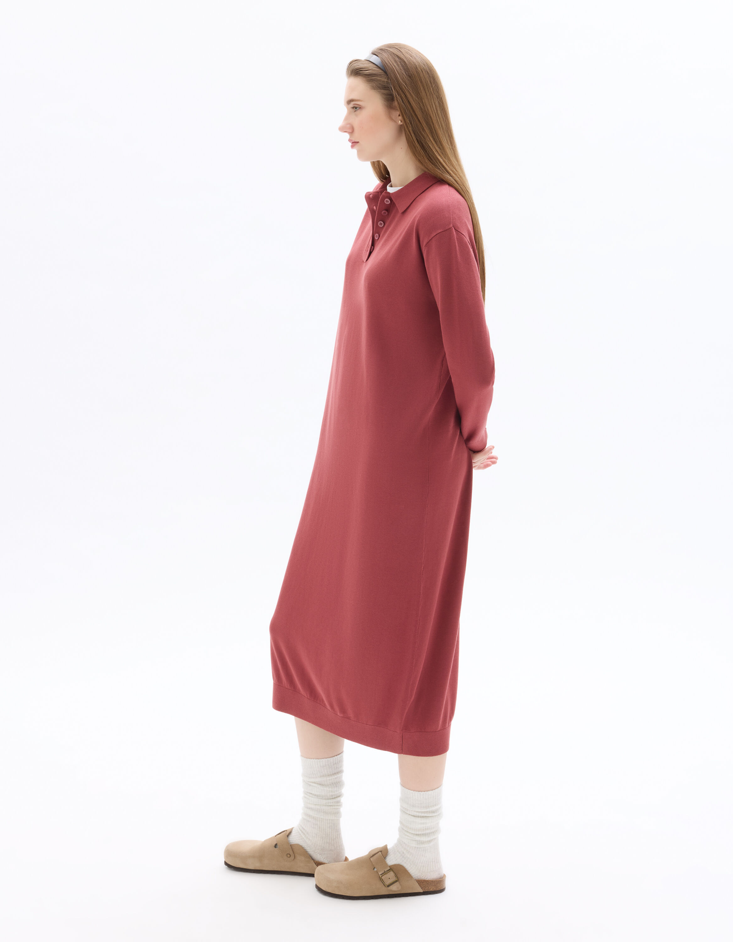 Robe pull col polo manches longues - rose