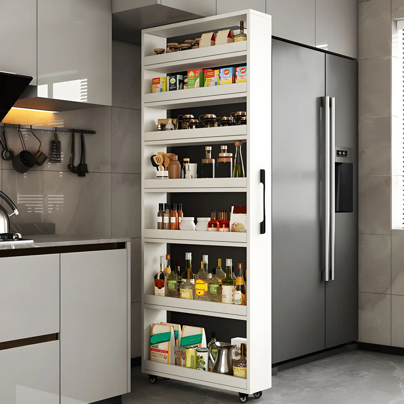 Modern Wooden Buffet Table with Open Shelves and Caster