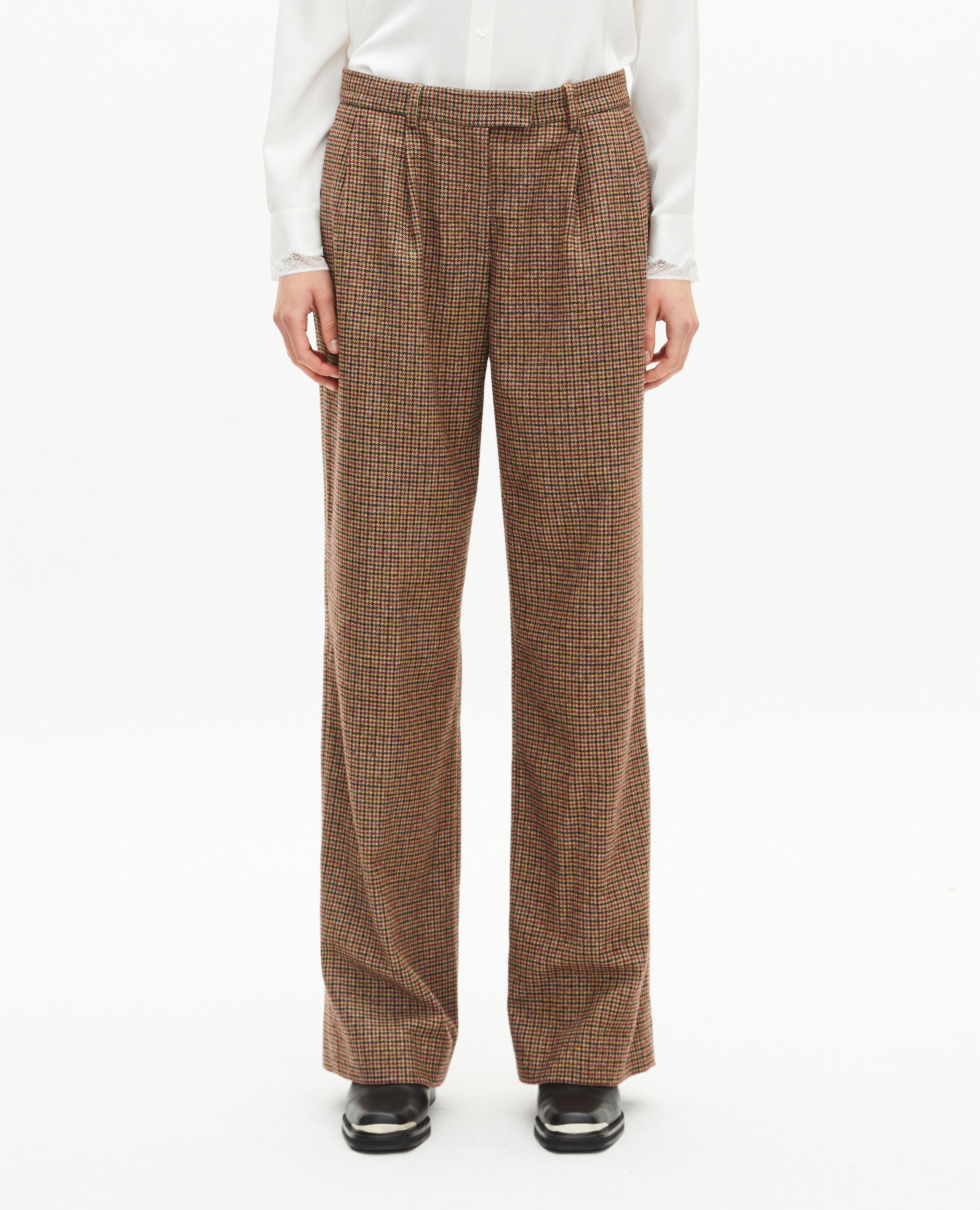 Pantalon tailleur large en pied de poule camel