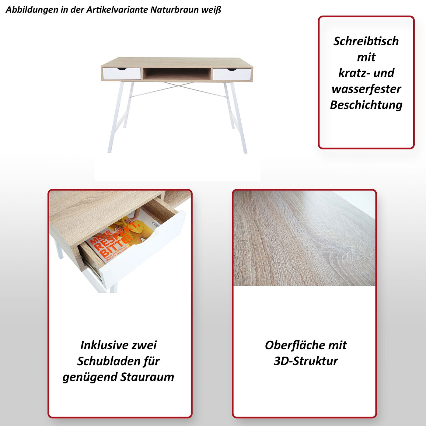 Schreibtisch MCW-E92, Bürotisch Computertisch, 3D-Struktur 120x60cm ~ naturbraun weiß