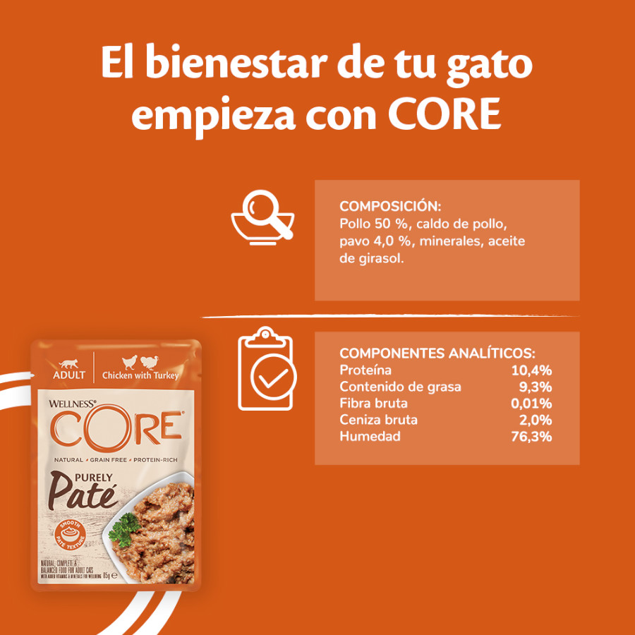 Sachê de 85g de patê Wellness Core Adult com frango e peru para gatos.