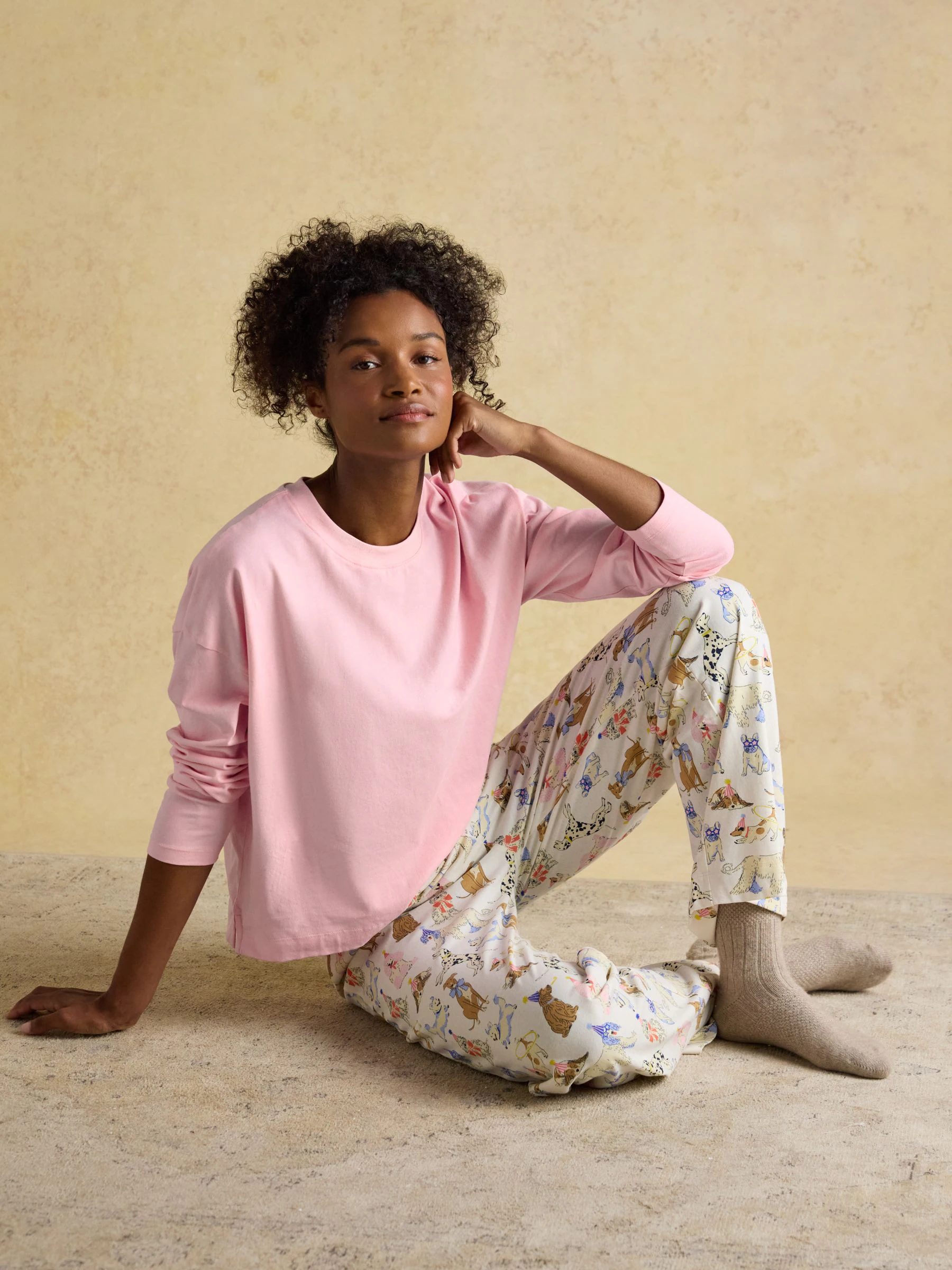 Pink & Cream Party Dogs - Joules Lyla Long Sleeve Jersey Cotton Pyjama Set