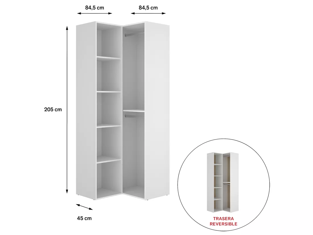 Dressing d'angle et fond d'arrière réversible coloris chêne naturel, blanc - Longueur 84 x Profondeur 84 x Hauteur 205 cm