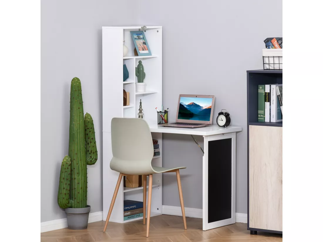 Bureau mural pliable table murale rabattable suspendue sur pied avec bibliothèque tableau à craie intégré panneaux particules blanc