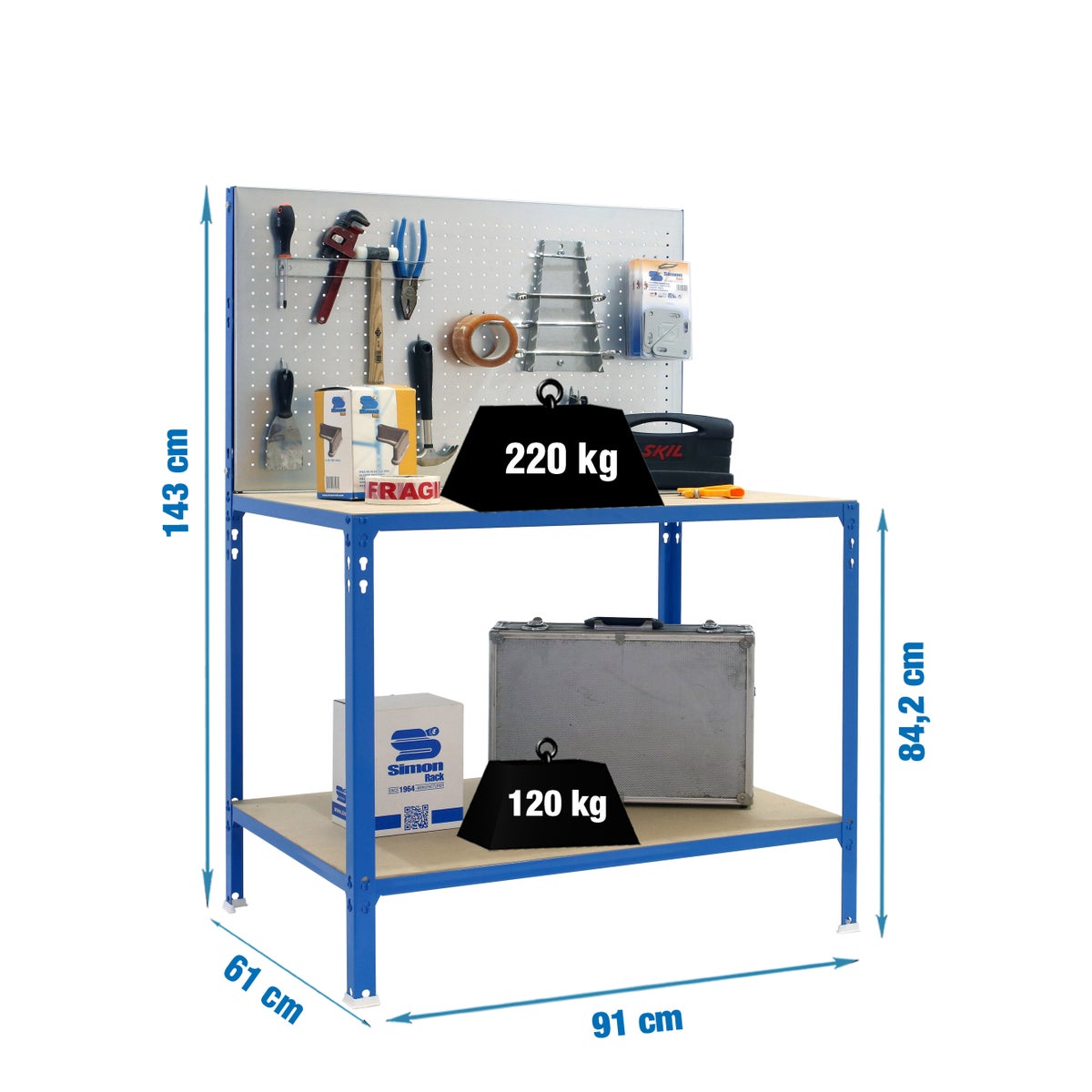 Buffalo Light werkbank met geperforeerd bord en 2 legplanken | HxBxD 144,5x90x60cm | Draagvermogen 220kg | Blauw/Gegalvaniseerd