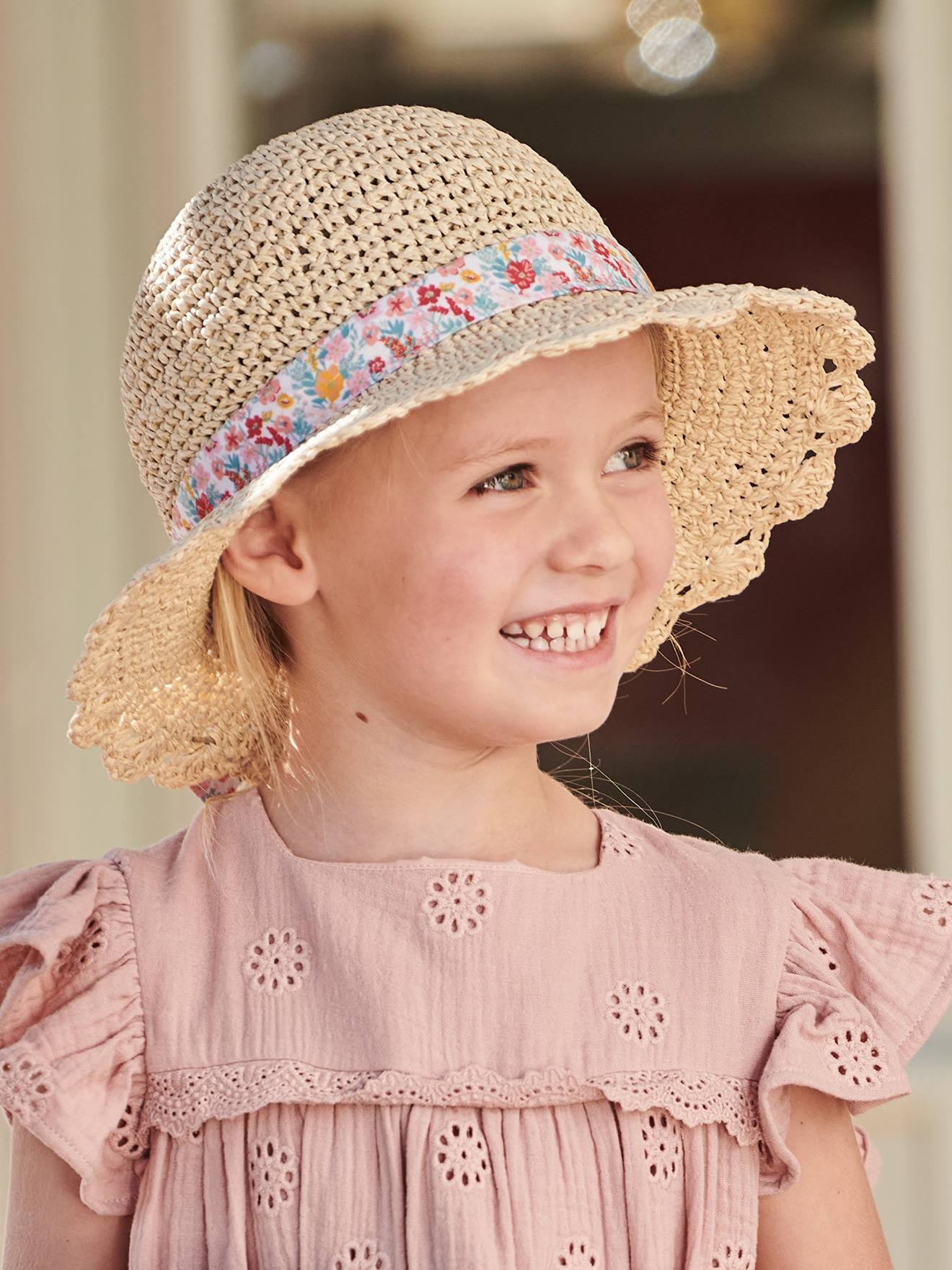 Chapéu de crochê com aparência de palha e laço estampado para meninas, bege areia