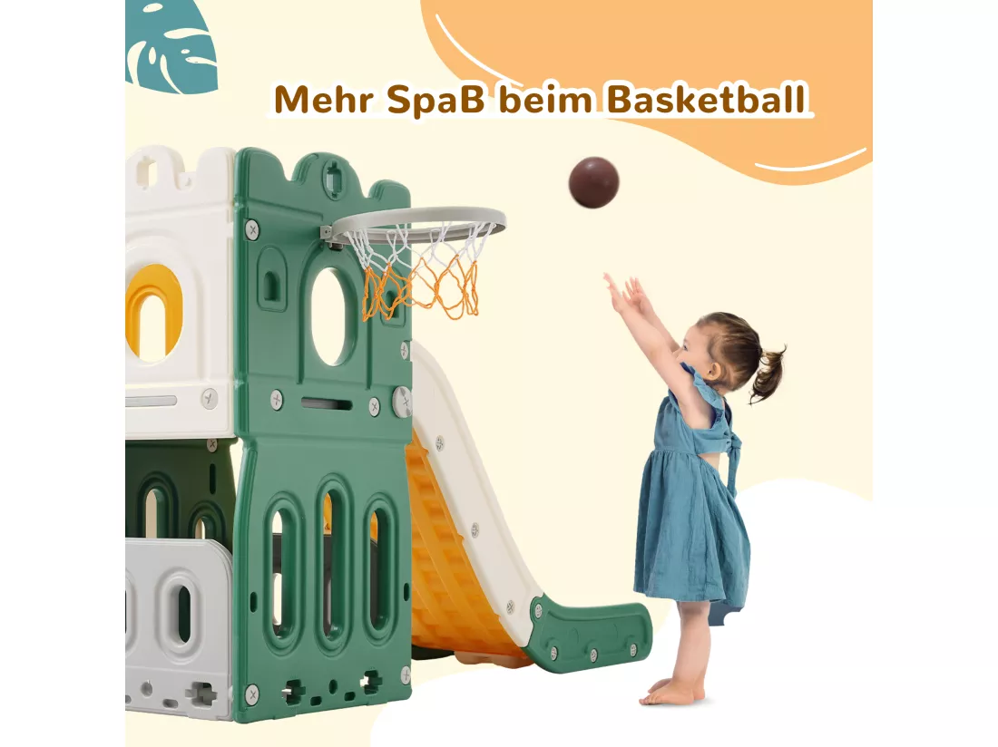 Toboggan enfant 5 en 1 pour Extérieur ou Intérieur avec Échelle, Panier de Basket, Stokage, Jeu de Forage, Allée d'amusement, Vert