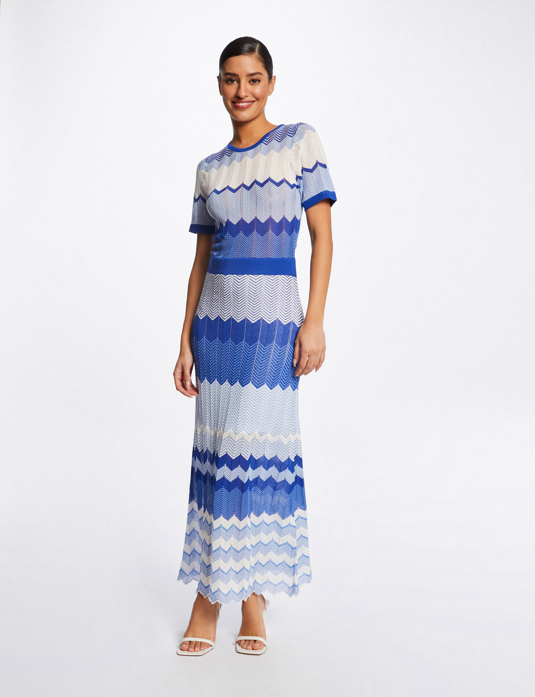 Robe pull longue droite imprimé chevron bleu moyen femme - bleu_moyen