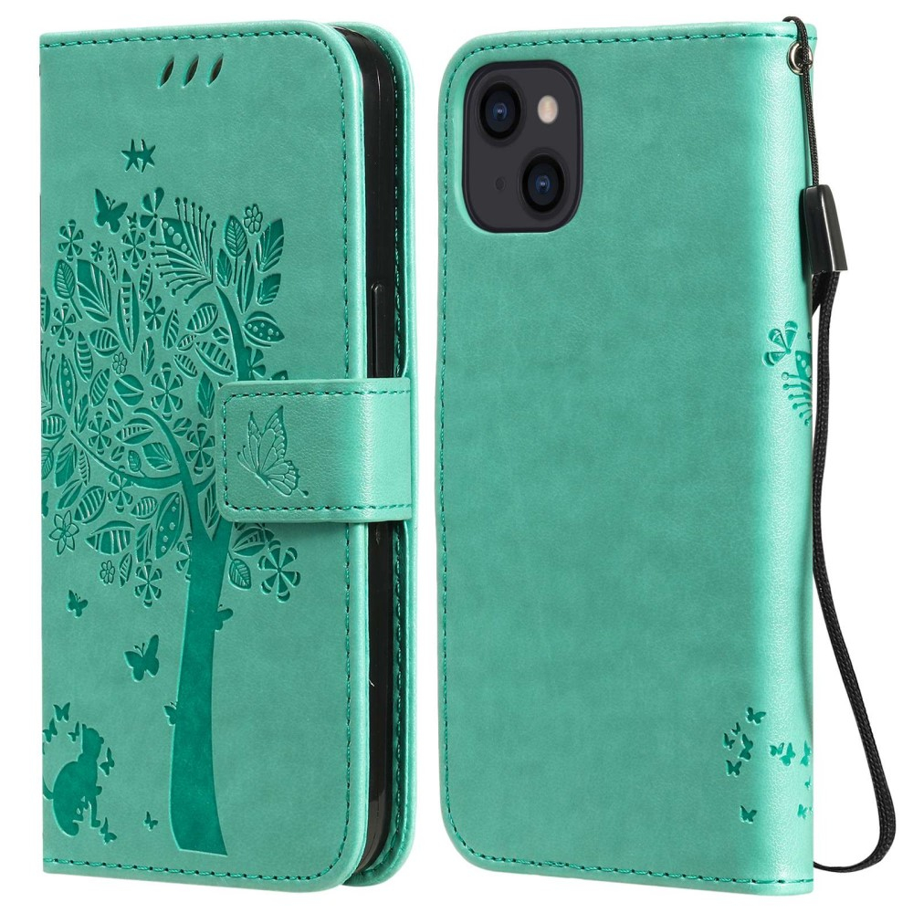 iPhone 14 Leder Tasche Flip Cover Baum Imprint - Türkis