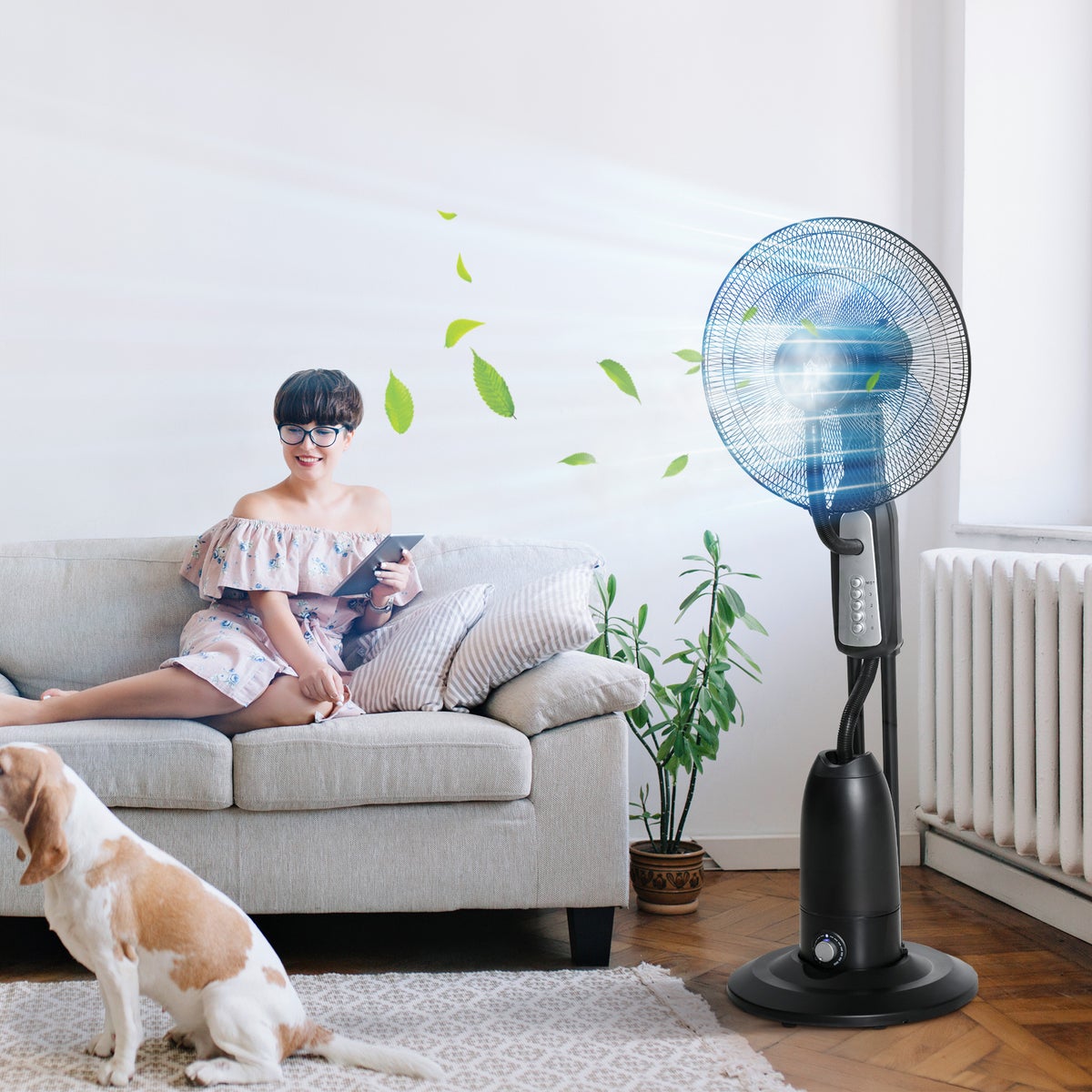 HOMCOM Staande ventilator met 2,8 liter waterkoeling, 90 W ventilator met vernevelingsfunctie, verstelbare kantelhoek, metaal, zwart + zilver, hoogte 120 cm