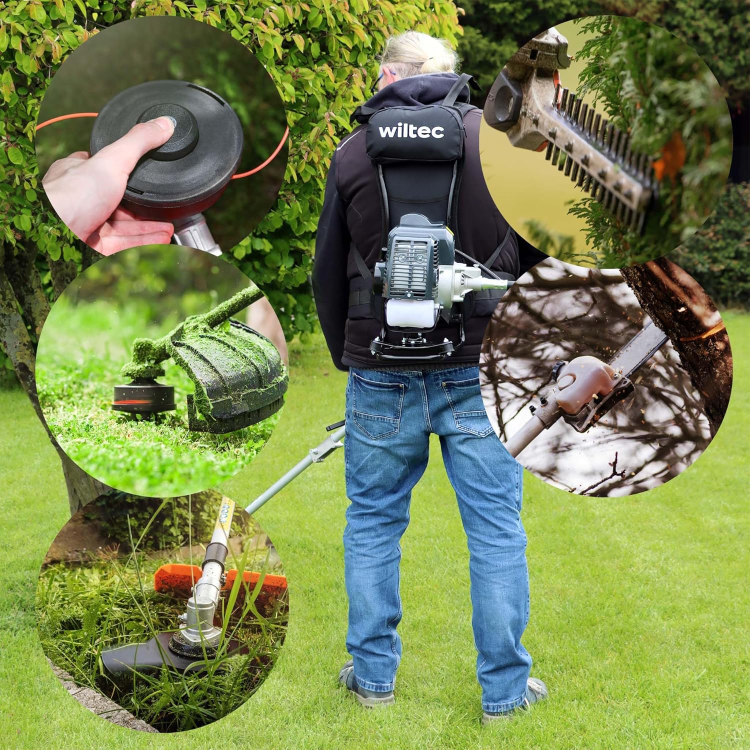Wiltec 4-in-1 Multifunktionsgerät mit 2-Takt-Motor mit Rucksack, Backpacker Multigartengerät, Multitool Gartenwerkzeug mit u.a. Rasentrimmer