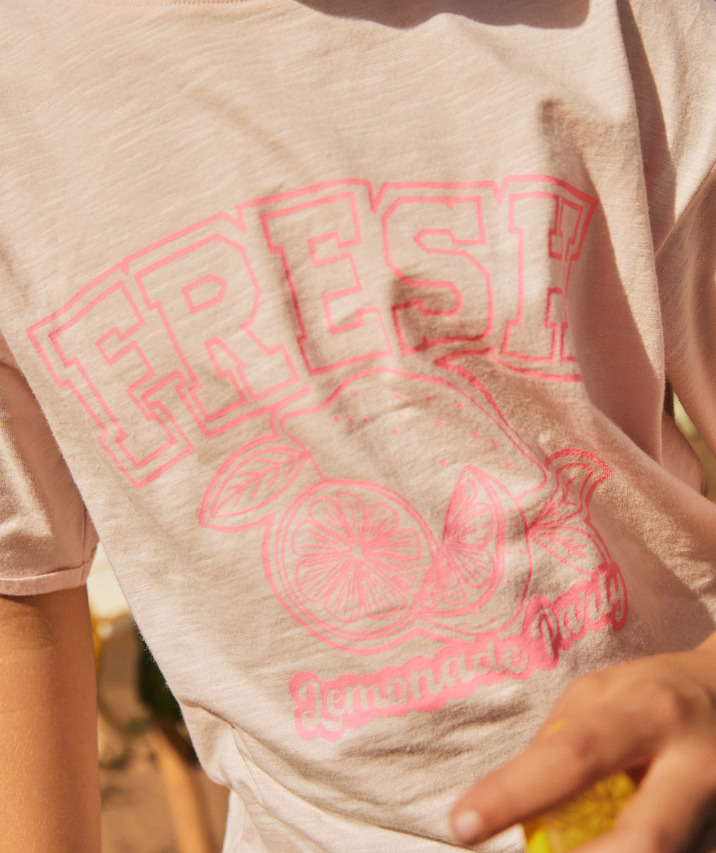 t-shirt manches courtes fille en coton bio rose thème citron