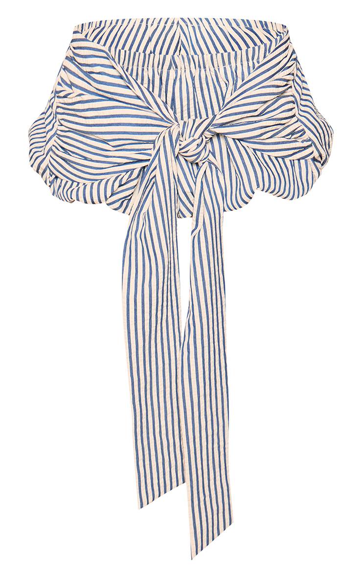 Bleu Marine Short Bouffant Texturé À Rayures Avec Détail Drapé Assorti