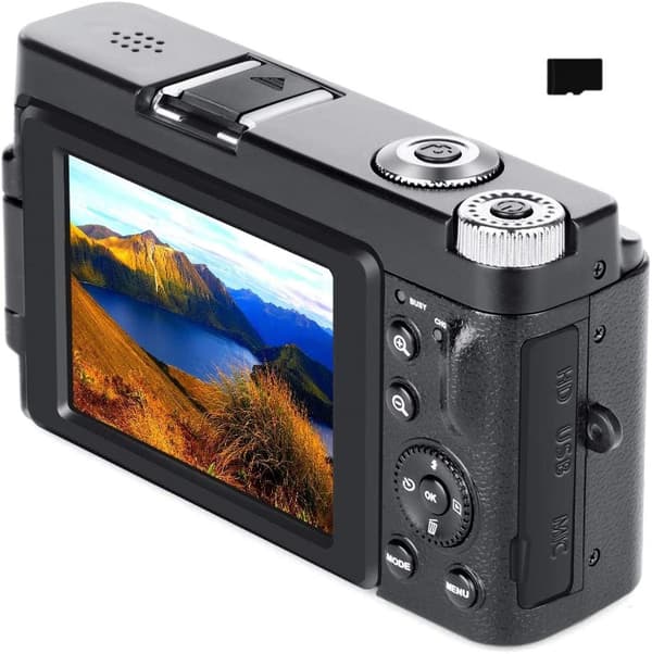 INF Digitalkamera med 48 MP, HD 1080p, 16x zoom, flip-skjerm, 32 GB minnekort