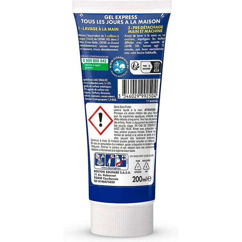 Flacon lessive gel à la main Génie Sans Frotter - Tube de 200 ml