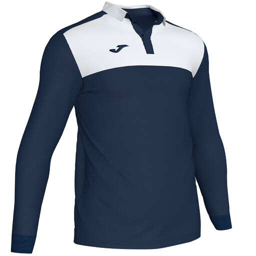 Polo Joma Winner II de manga comprida, azul marinho e branco.