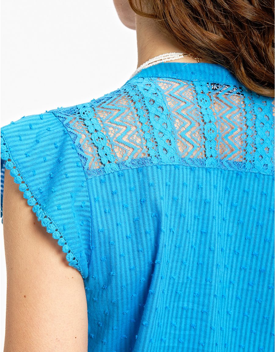 Top bleu coton plumetis