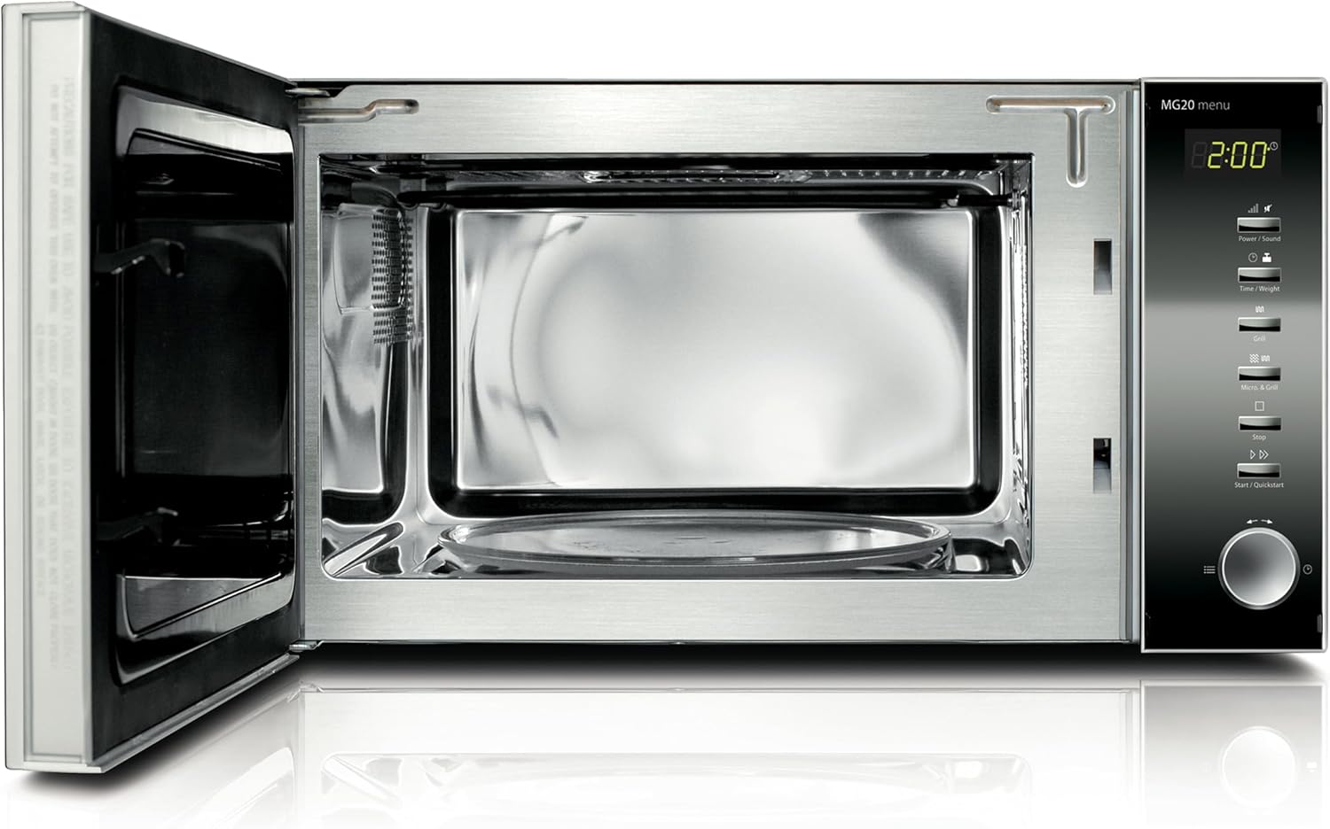 Caso | MG20 menu 2-in-1 Mikrowelle mit Grill | 800 W, Grill 1000W, 2 Kombiprogramme + 14 Koch-Programme, Design Edelstahl und verspiegelt ,20L,Edelstahl