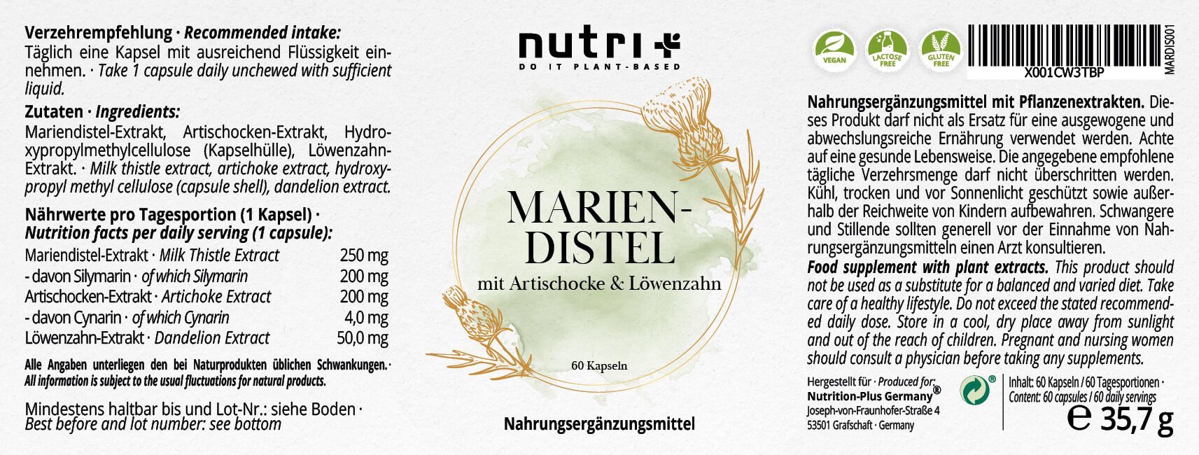 Nutri+ Mariendistel Kapseln mit Artischocke + Löwenzahn