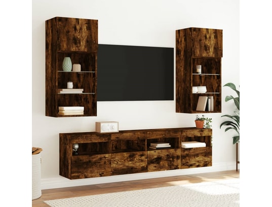 VIDAXL - Elément suspendu Meuble tv mural avec lumières led chêne fumé 40x30x40 cm