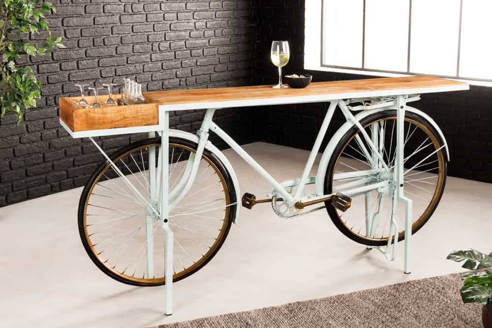 Retro Konsolentisch BICYCLE 190cm salbei natur Mangoholz Fahrrad Bartisch Upcycling