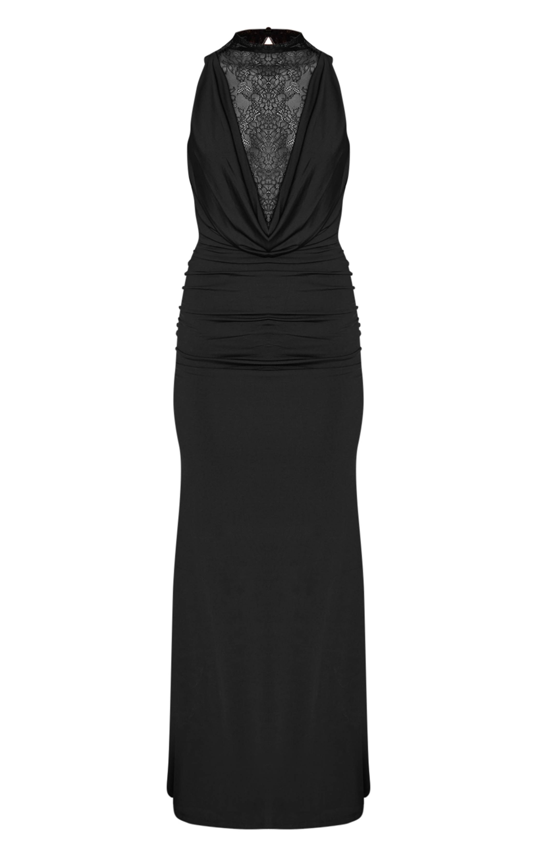 Noir Robe Longue À Col Bénitier Avec Empiècements En Dentelle Douce