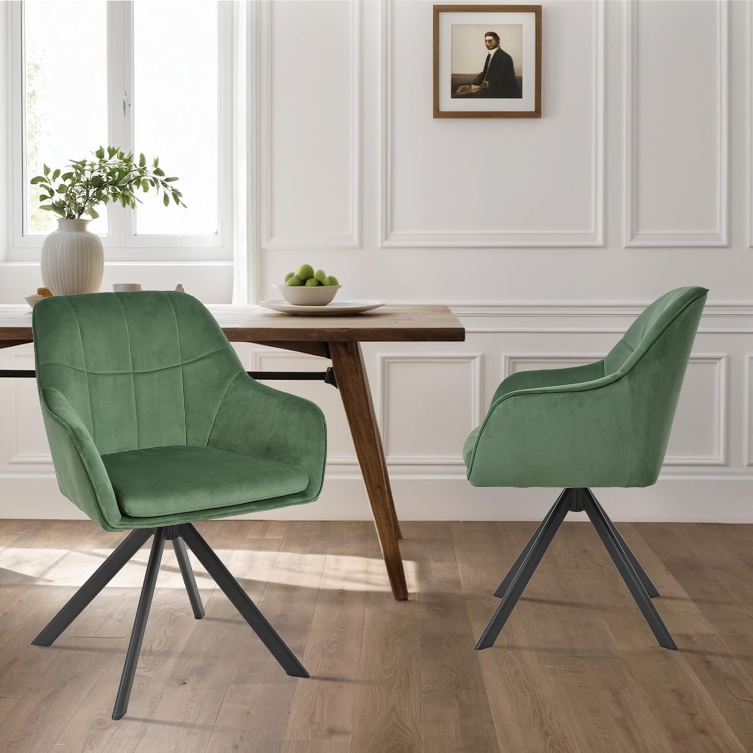 Drehstuhl Esszimmer 4er Set Samt Grün mit Armlehne Polsterstuhl Esszimmerstühle drehbar Küchenstuhl mit Metallbeine für Wohnzimmer Esszimmer