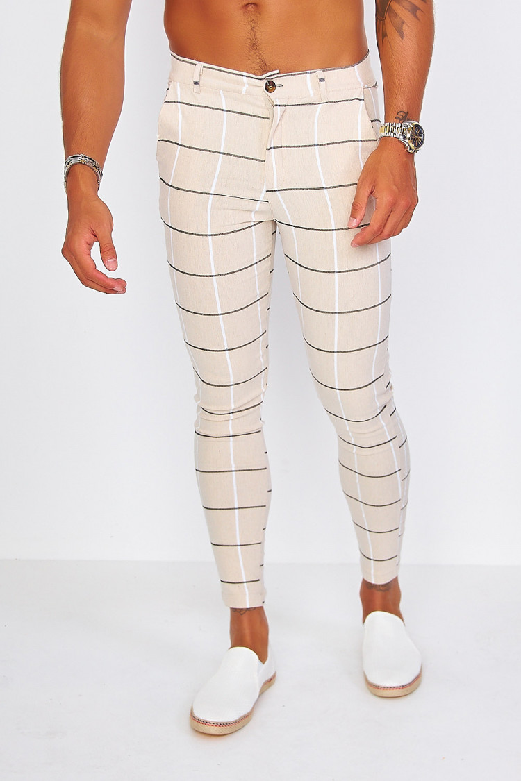 Pantalon à pince beige à carreaux