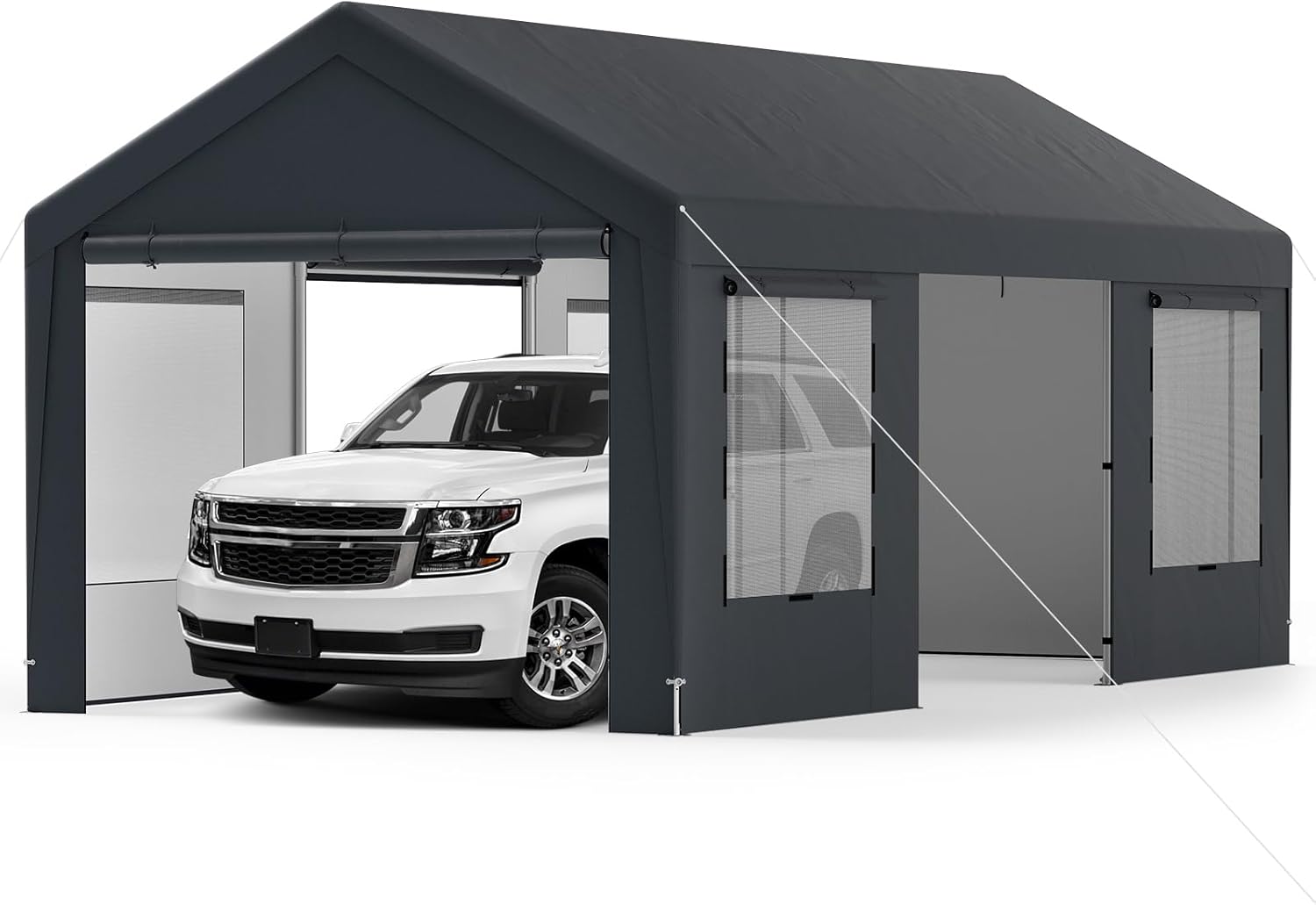COSTWAY Zeltgarage Carport, 595x300cm, Garagenzelt mit 8 abnehmbaren Seitenwänden, Rolltüren & belüfteten Fenstern, Weidezelt, Lagerzelt, Garage Unterstand, Garagenüberdachung für Auto, SUV, Lkw, Boot