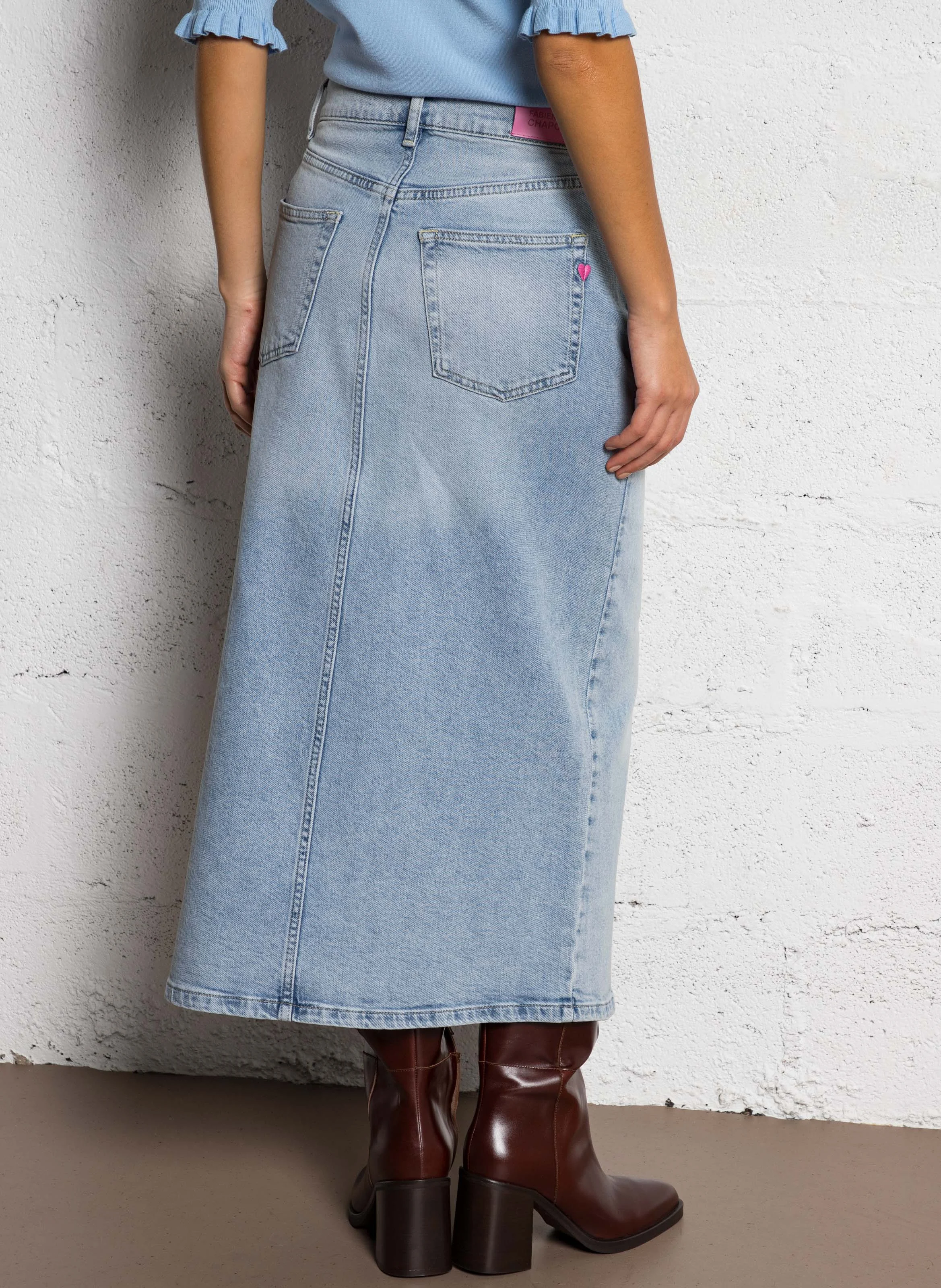 CARLYNE - Jupe midi droite en jean | Bleu