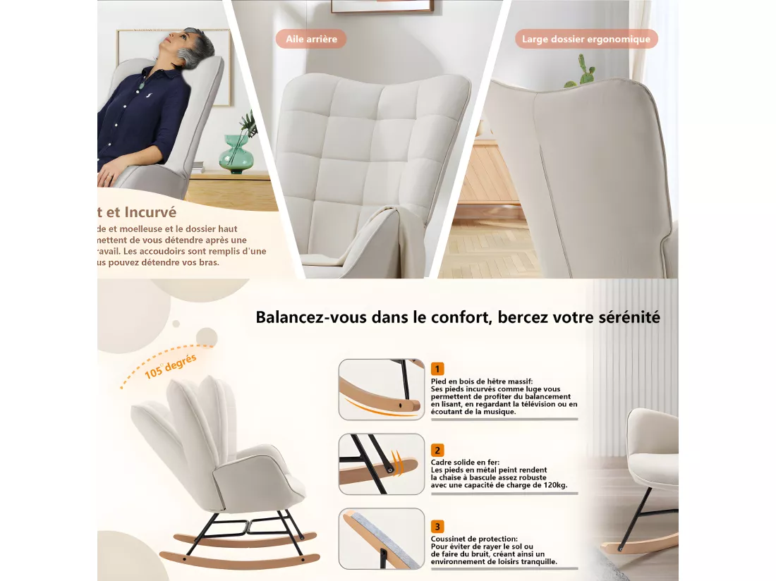MEUBLES COSY Fauteuil à Bascule Allaitement Scandinave Chaise Loisir et Repos en Tissu avec Pieds en E' Bois Métal pour Salon, Chambre, Massif, Beige, 66x84x97cm