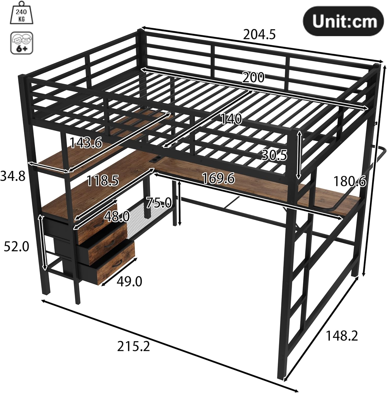 Hochbett 140x200 cm, Kinderbett mit Schreibtisch und LED, Jugendbett mit 3 Schubladen, Metallbett mit Steckdose+USB, Einzelbett für Kinder Jugendliche Schlafzimmer (Ohne Matratze) Schwarz