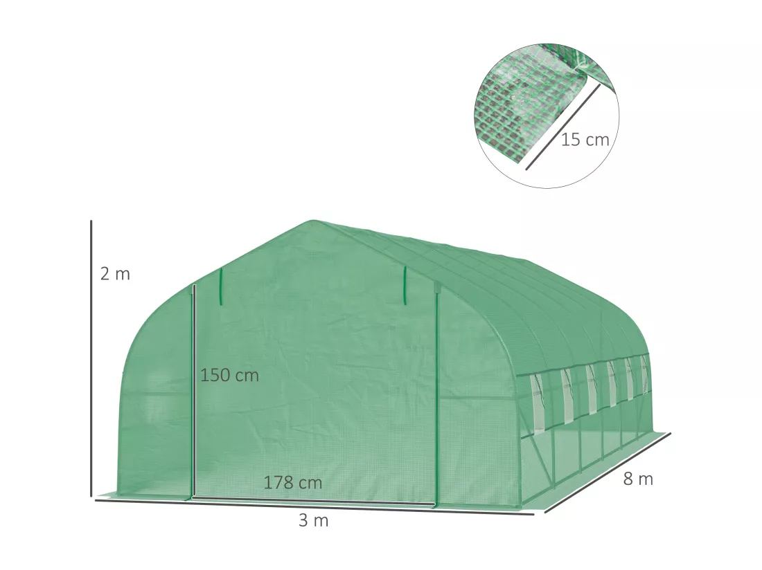 Serre tunnel grande taille 24 m² châssis tubulaire acier galvanisé renforcé 2,4 cm 12 fenêtres 1 porte vert