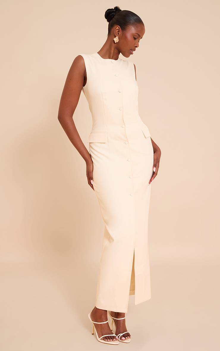 Pale Yellow Robe Longue Boutonnée En Tissu Tissé