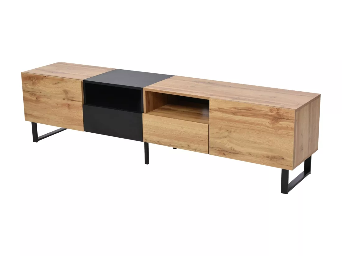 Meuble TV 190cm, avec 2 tiroir, 2 portes, 2 compartiment ouvert, style scandinave, Commode TV en chêne sauvage - Marron