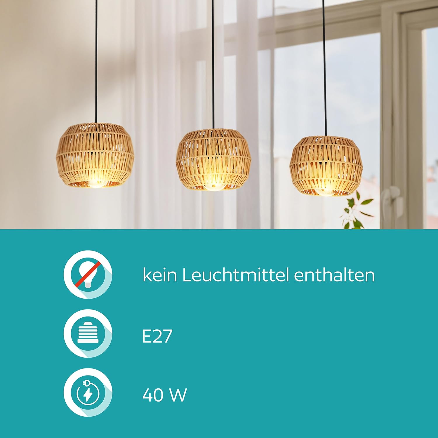 EGLO Hängelampe Sheldon, Esstisch Pendelleuchte 3-flammig, Esstischlampe Boho, Hängeleuchte mit Lampenschirm aus Bast Papier, E27 Fassung, 91 cm