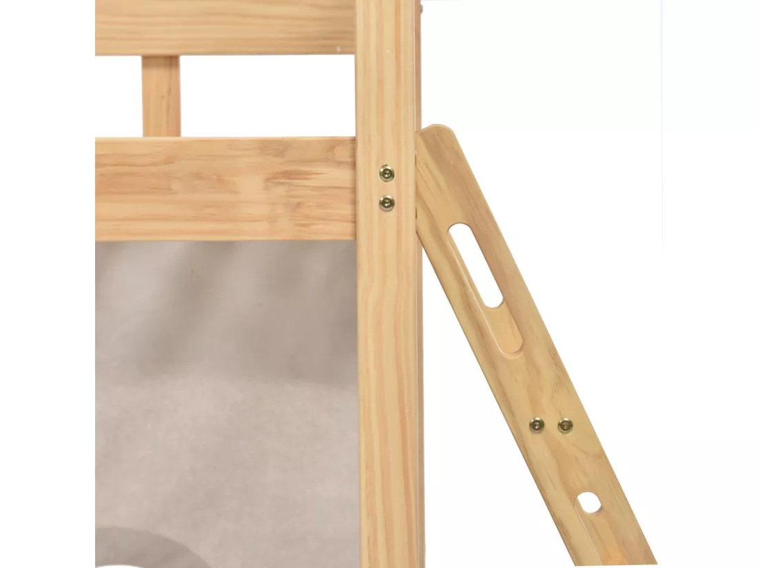 Lits superposés 2 x 90 x 200 cm avec rangements, escaliers, clôtures, rideau, toboggan - cadre en pin - Naturel et blanc