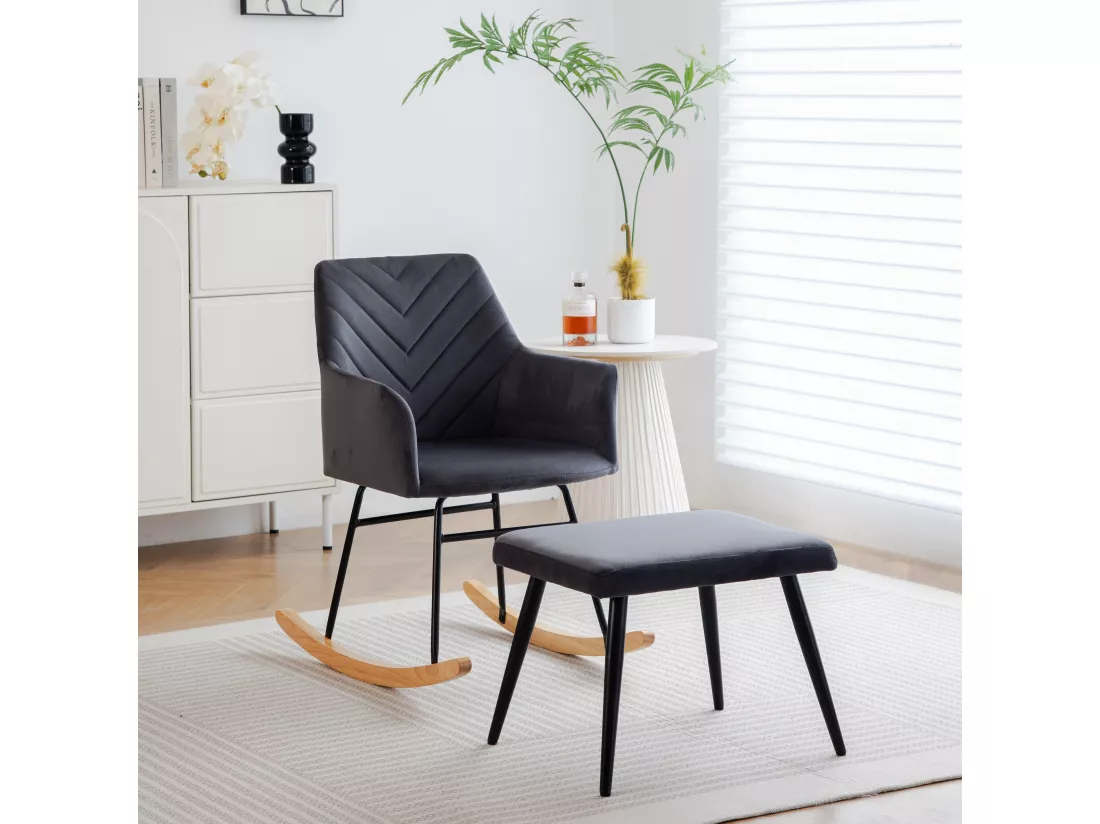 Chaise à bascule avec repose-pieds - 56.5 x 44 x 84 cm - Velours, boid d'évéa et métal - Gris